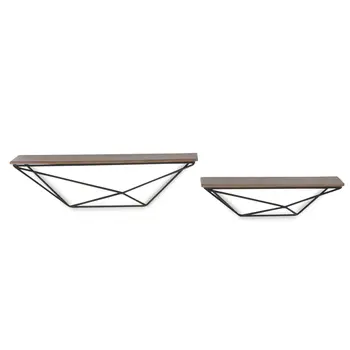 Set Of Two Black And Brown Wood And Metal Wall Mounted Accent Shelf