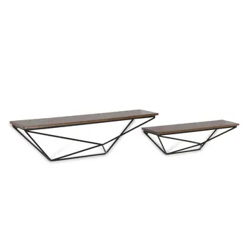 Set Of Two Black And Brown Wood And Metal Wall Mounted Accent Shelf