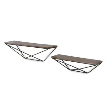 Set Of Two Black And Brown Wood And Metal Wall Mounted Accent Shelf