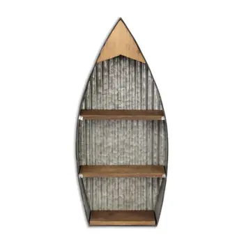 23" Brown And Gray Galvanized Metal And Wood Wall Mounted Boat Shelf