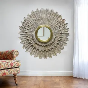 44" Antiqued Gold Sunburst Wood and Metal Framed Accent Mirror