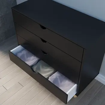 35" Black And Natural Wood Four Drawer Dresser