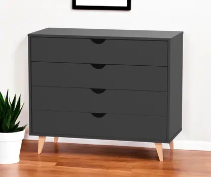 35" Black And Natural Wood Four Drawer Dresser