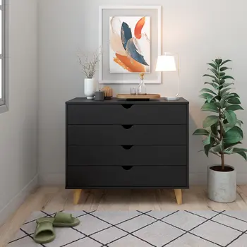 35" Black And Natural Wood Four Drawer Dresser