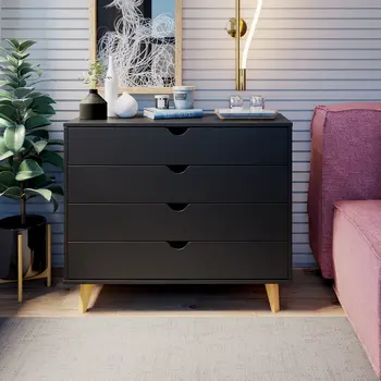 35" Black And Natural Wood Four Drawer Dresser