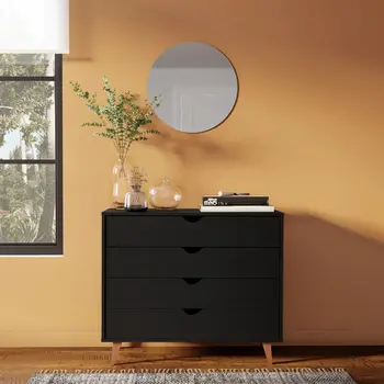 35" Black And Natural Wood Four Drawer Dresser