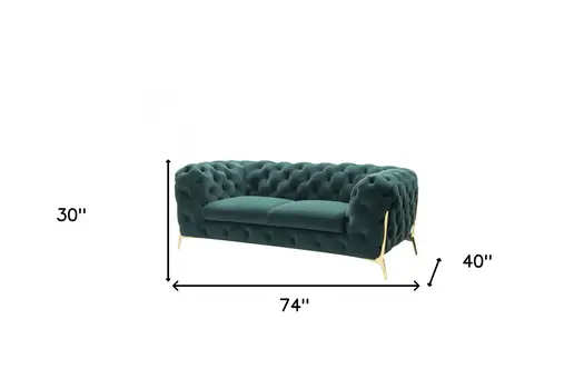 74" Dark Green Tufted Velvet And Gold Chesterfield Love Seat