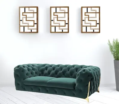 74" Dark Green Tufted Velvet And Gold Chesterfield Love Seat
