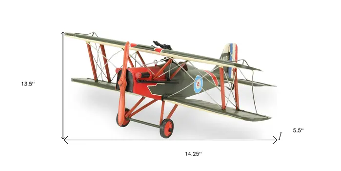 6" Red and Green Metal Hand Painted 1917 Vintage RAF Fighter Model Airplane