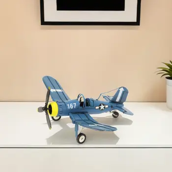 5" Blue and Yellow Metal Hand Painted Model Airplane Tabletop Sculpture
