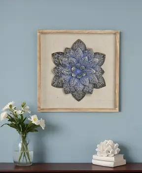 12" X 13" Dark Blue Flower Wood and Metal Wall Decor