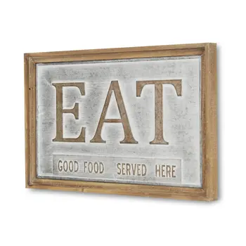 14" X 21" Gray and Brown Eat Wood and Metal Wall Decor