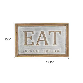 14" X 21" Gray and Brown Eat Wood and Metal Wall Decor