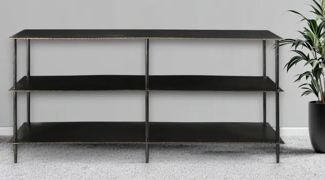 48" Black Iron Six Leg Console Table Two Shelves