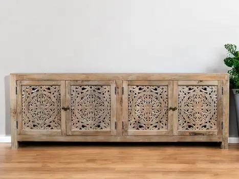 86" Natural Carved Floral Distressed Solid Wood Enclosed Storage TV Stand