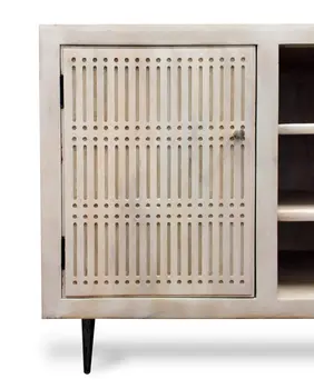 60" Ivory Carved Geometric Distressed Solid Wood Enclosed and Open Storage TV Stand