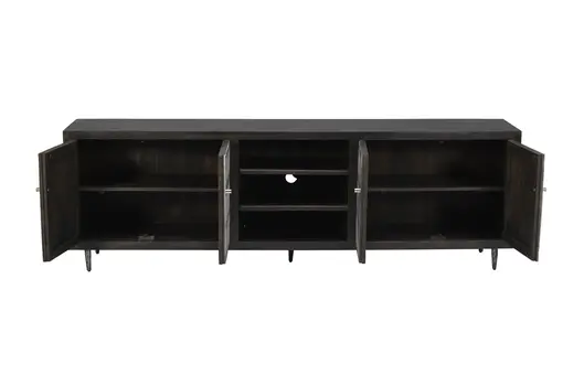 92" Dark Brown Carved Geometric Distressed Solid Wood Enclosed and Open Storage TV Stand