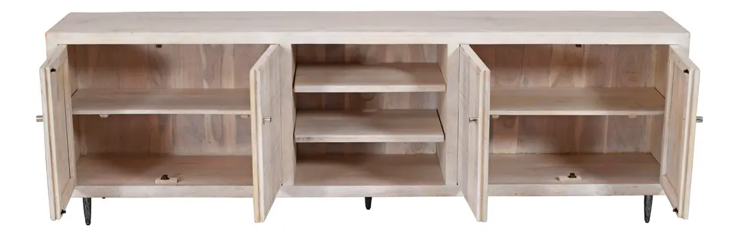 92" Ivory Carved Geometric Distressed Solid Wood Enclosed and Open Storage TV Stand