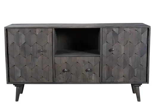 55" Dark Gray Carved Geometric Distressed Solid Wood Enclosed and Open Storage TV Stand