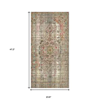 2' X 4' Red Brown And Blue Moroccan Printed Vinyl Area Rug With UV Protection