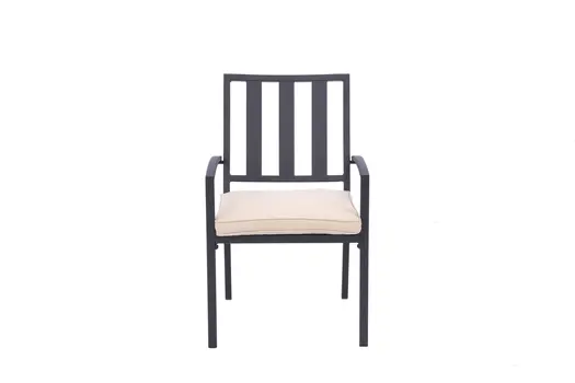 Set of Two Dark Gray Aluminum Outdoor Stacking Dining Chairs with Beige Cushion