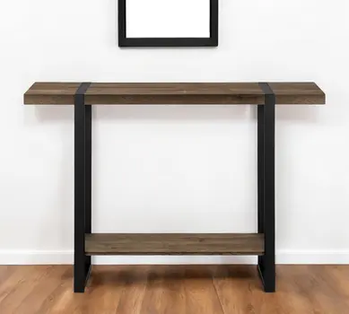 47" Brown and Black Wood and Metal Distressed Sled Console Table With Shelf