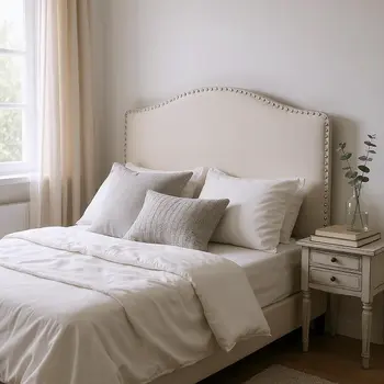 Beige Linen Blend Upholstered Arched Full Headboard With Nail Head Trim
