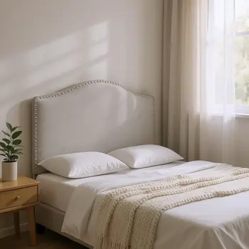 Gray Linen Blend Upholstered Arched Full Headboard With Nail Head Trim