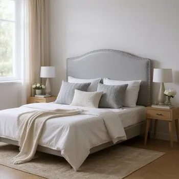 Gray Faux Leather Upholstered Arched Queen Headboard With Nail Head Trim