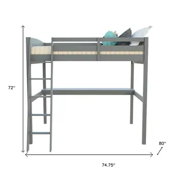 Gray Solid Wood Full Double Size Loft Bed with Desk and Storage