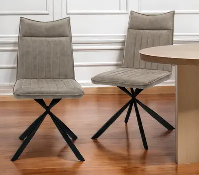 Set of Two Tufted Taupe And Black Upholstered Faux Leather Dining Parsons Chairs
