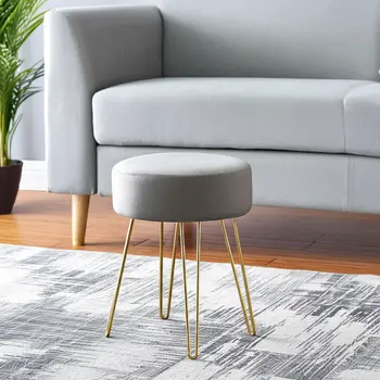 14" Gray Fabric and Gold Round Ottoman