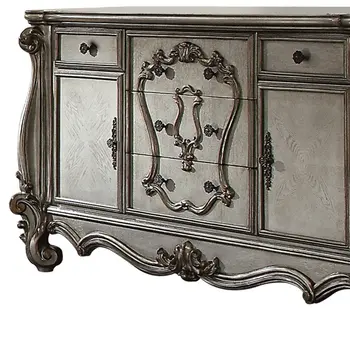70" Platinum Carved Scrollwork Wood And Polyresin Five Drawer Triple Dresser