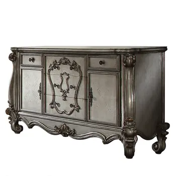 70" Platinum Carved Scrollwork Wood And Polyresin Five Drawer Triple Dresser