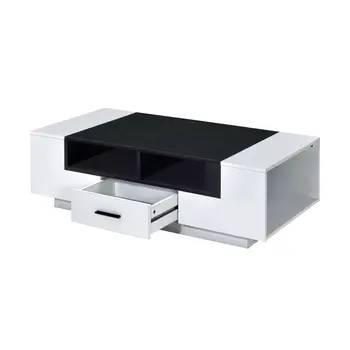 47" Black and White Wood Floor Shelf Coffee Table With Drawer And Three Shelves