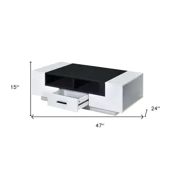 47" Black and White Wood Floor Shelf Coffee Table With Drawer And Three Shelves