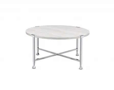 36" White and Silver Metal Round Cross Legs Coffee Table