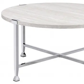 36" White and Silver Metal Round Cross Legs Coffee Table