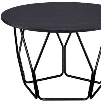 32" Espresso and Black Metal Round Abstract Coffee Table