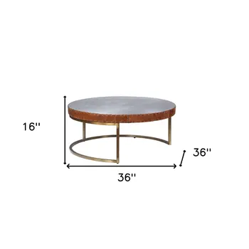 36" Brown and Silver Genuine Leather And Metal Round Frame Coffee Table