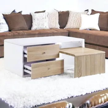 47" White and Natural Wood Frame Coffee Table With Two Drawers