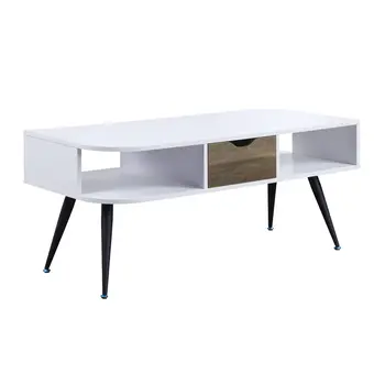 44" White and Black Melamine Veneer And Metal Coffee Table With Drawer And Shelf