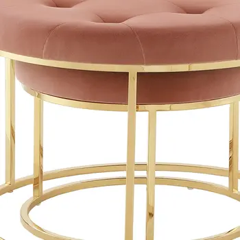 Set of Two Blush Velvet and Gold Tufted Round Ottoman