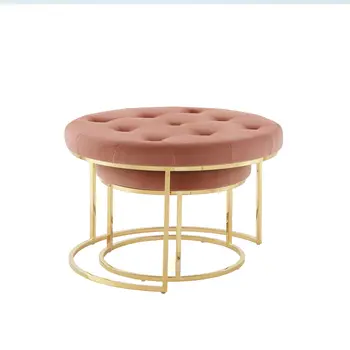 Set of Two Blush Velvet and Gold Tufted Round Ottoman