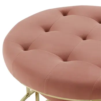Set of Two Blush Velvet and Gold Tufted Round Ottoman