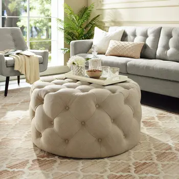 33" Beige Linen  Rolling Tufted Round Cocktail Ottoman