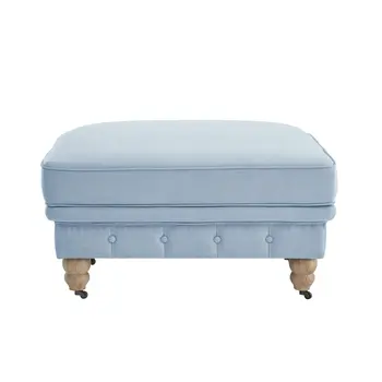 25" Light Blue Linen And Natural Rolling Tufted Cocktail Ottoman