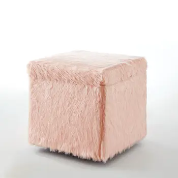 18" Blush Faux Fur and Black Storage Ottoman