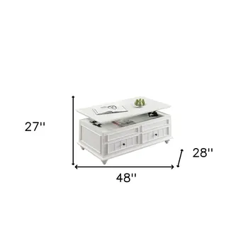 48" White Wood Lift Top Solid Coffee Table With Two Drawers