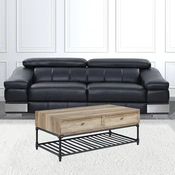 47" Oak and Brown Metal Coffee Table With Two Drawers And Shelf